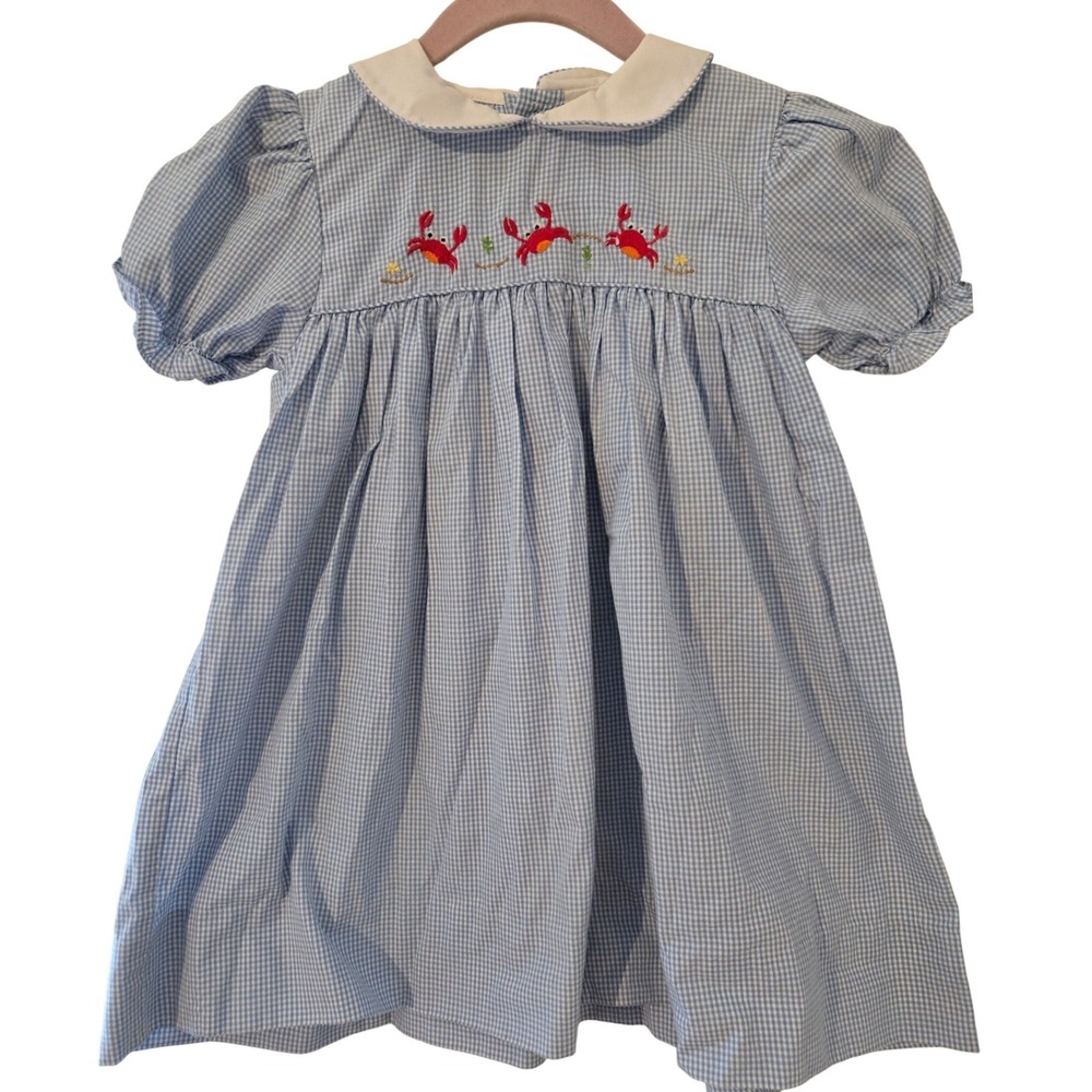 Petit Ami Baby Girls Blue Gingham‎ Smocked Crab Dress Peter Pan Collar 24M 3279